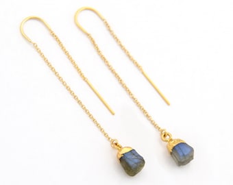 Enfileurs en labradorite brute, boucles d'oreilles délicates avec fil d'oreille, boucles d'oreilles en labradorite en argent, bijoux de festival, petits cristaux, pierres, TH-N