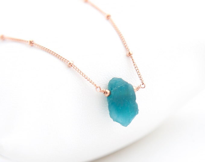 Raw Crystal Necklace, Rose Gold Satellite Chain, Bridesmaid Gift Necklace, Something Blue for Bride, Genuine Gemstones, Neon Apatite, NK-ST