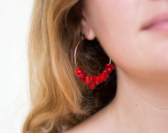 Coral Statement Hoops, Raw Stone Earrings, Festival Jewelry, Gold Coral Earrings, Beaded Hoop Earrings, Jewelry Trends, Birthday Gift, HP-RC