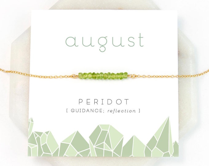 August Birthstone Necklace, Peridot Gemstone Bar Necklace Gold, Tiny Stone Necklace, Custom Card, Wire Wrapped, Gift for Sister, NK-DB
