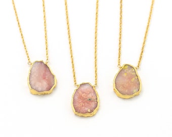Pink Opal Slice Necklace, Gold Framed Gemstone Slice, October Birthstone, Blush Pink Necklace, Gift for Bridesmaid, Baby Shower Gift for Her