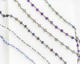 Beaded Gemstone Chain Necklace, Black Silver Jewelry, Layering Necklace, Dainty Bracelet, Birthstone Jewelry Gifts, Celestial Rosary Chains