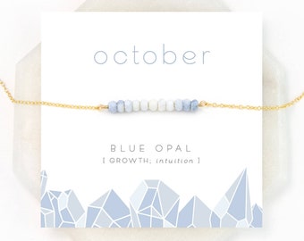 Ombre Blue Opal Necklace, October Birthstone, Natural Opal, Birthday Gift, Bar Necklace, Dainty Necklace, Beaded Bar, Pastel Necklace, NK-DB
