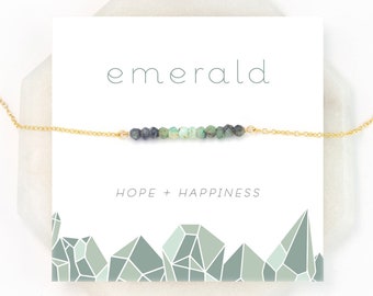 Natural Emerald Necklace, Hope Necklace, Ombre Gemstone Bar Choker,  Inspirational May Birthstone Gift Card, Gold Rose Silver Chains