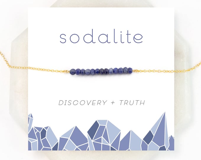 Sodalite Beaded Bar Necklace, Truth Crystal Self Discovery Gift, Navy Blue Genuine Gemstone Wire Wrapped Choker, Christmas Gift Jewelry