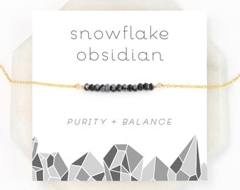 Black Obsidian Necklace, Minimalist Black Stone Protection Gift, Snowflake Obsidian Balance Crystal Choker, Dainty Beaded Chain, Reiki Gift