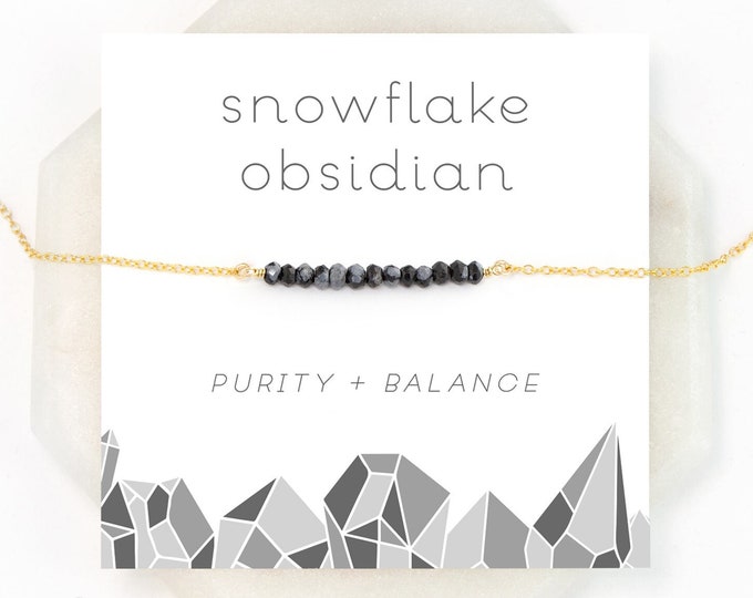 Black Obsidian Necklace, Minimalist Black Stone Protection Gift, Snowflake Obsidian Balance Crystal Choker, Dainty Beaded Chain, Reiki Gift