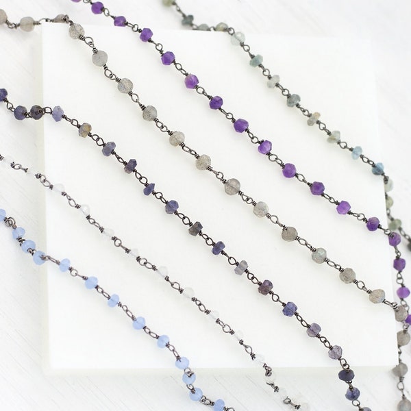 Beaded Gemstone Chain Necklace, Black Silver Jewelry, Layering Necklace, Dainty Bracelet, Birthstone Jewelry Gifts, Celestial Rosary Chains