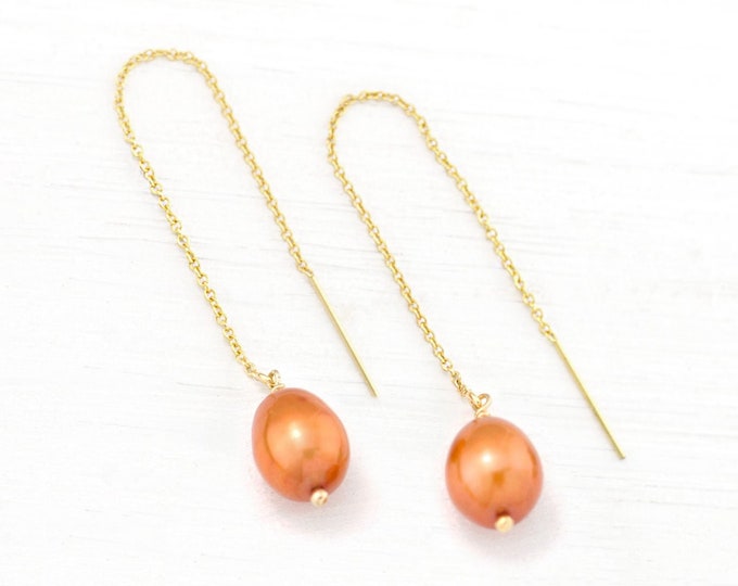 Burnt Orange Pearl Drop Earrings, Minimalist Gold Filled Threaders, Modern Bridal, Fall Wedding Jewelry Trend, Rust Colored, Bridesmaid Gift