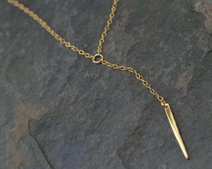 Gold Lariat Necklace, Spike Necklace, Drop Y Necklace, Needle Jewelry, Layering Necklace, Minimalist Jewelry, Delicate Modern Necklace, Gift