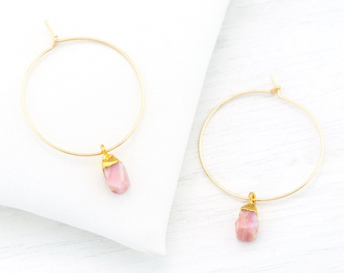 Pink Opal Earrings Gold, Bridesmaid Earrings, Summer Wedding Jewelry, Thin Gold Hoops, Pink Stone Drop Hoop Earring, Raw Gemstone, HP-N