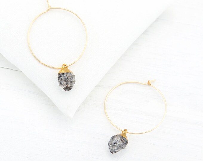 Dainty Raw Diamond Hoops, Herkimer Diamond Earrings Dangle, Modern Bridesmaid Earrings, Thin Hoop Earrings Gold, Tiny Gemstone Hoops, HP-N