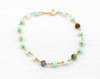 Genuine Gemstone Chain Bracelet, Green Opal Beaded Bracelet, Wire Wrapped Stone Chain, Opal Rosary Stacking Bracelet, Dainty Stone Bracelet