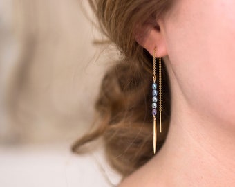 Tiny Pearl Threaders, Simple Everyday Earrings, Blue Tahitian Pearls, Bridesmaid Gift, Minimalist Something Blue, Thin Chain Dangle Bar Drop