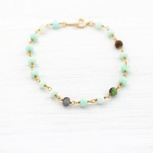 Genuine Gemstone Chain Bracelet, Green Opal Beaded Bracelet, Wire Wrapped Stone Chain, Opal Rosary Stacking Bracelet, Dainty Stone Bracelet