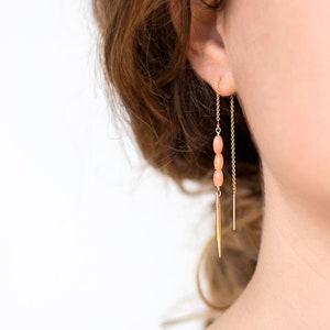 Peach Coral Earrings, Bridesmaid Gift, Gold Filled Threaders, Beachy Summer Earrings, Dangle Statement, Dainty Red & Pink Coral, Long Bar