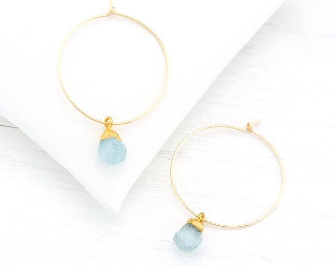 Aquamarine Drop Earrings, Raw Stone Hoops,  Crystal Jewelry, Bridesmaid Gift, Genuine Gemstone Earrings, Dainty Hoop Earrings, HP-N