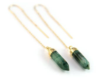 Raw Emerald Threaders Gold, Natural Stone Earrings, Emerald Earrings Dangle, May Birthstone Earrings, Holiday Gifts for Her, TH-B