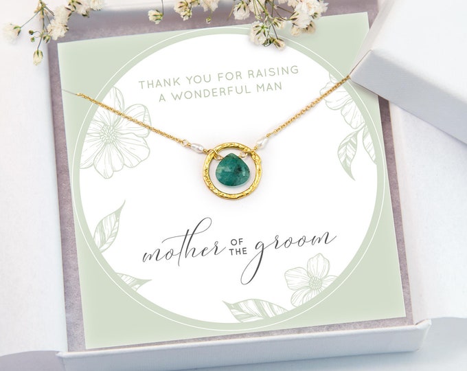 Mother of the Groom Gift Necklace, Gift From Son, Raw Emerald Pendant, Gemstone Necklace, Gift for Her, Custom Wedding Jewelry