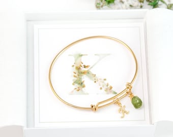 Custom Initial and Birthstone Bracelet, Birthday Gift Under 50, Gift for Girlfriend, Gift for Daughter, Gold Bangle, Personalized Monogram