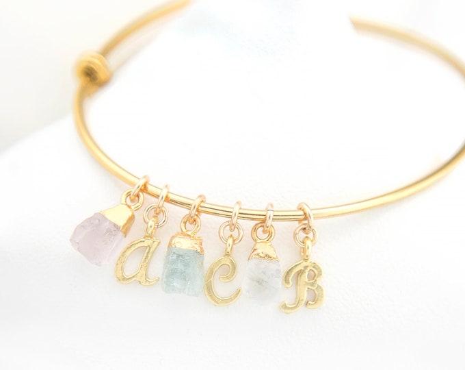 Crystal Gift for Mom, Personalized Initial and Birthstone Bangle, Custom Birthstone Bangle, Monogram Jewelry, Nana Bracelet, Family Jewelry