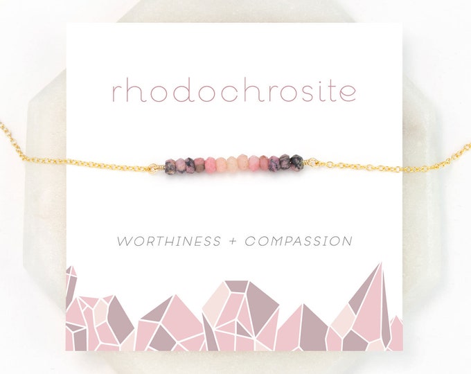 Rhodochrosite Bar Necklace, Compassion Gift Necklace, Ombre Pink Gemstone Beaded Choker, Sister Gift, Simple Stone Choker, Gold Fill