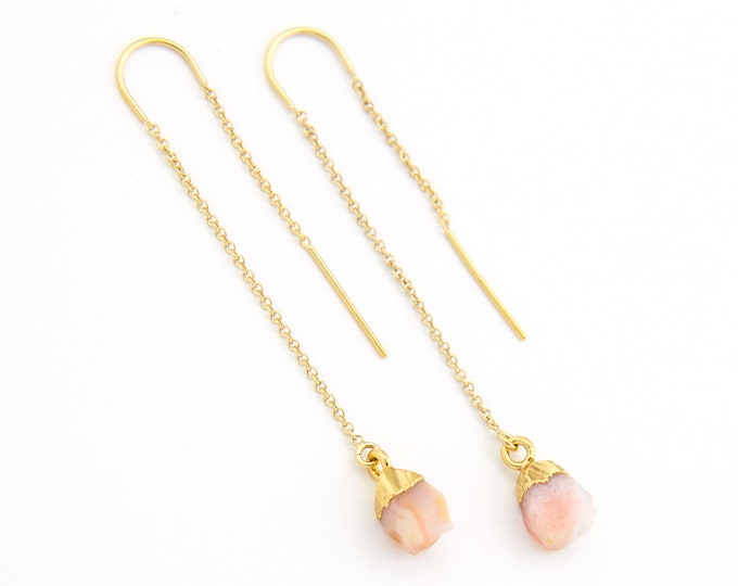 Pink Opal Earrings, Genuine Opal Threader Earrings, Dainty Chain Earrings, Peach Earrings Dangle, October Birthstone Gift, Bridal Gift, TH-N