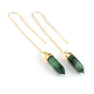 Raw Emerald Threaders Gold, Natural Stone Earrings, Emerald Earrings Dangle, May Birthstone Earrings, Holiday Gifts for Her, TH-B