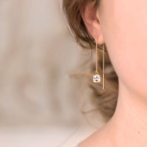 Gold Bridesmaid Threaders, Modern Bridal Earrings, Crystal Drop Chain Earrings, Dainty Gold CZ Thread Through Earring, Wedding Party Jewelry