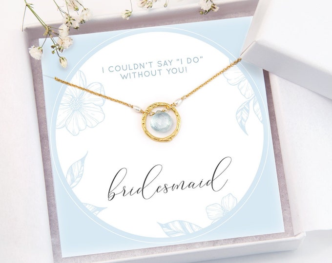 Personalized Bridesmaids Gift, Custom Something Blue Crew Proposal Card, Dainty Blue Topaz Gemstone Pendant, Custom Wedding Jewelry Gift