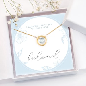 Personalized Bridesmaids Gift, Custom Something Blue Crew Proposal Card, Dainty Blue Topaz Gemstone Pendant, Custom Wedding Jewelry Gift