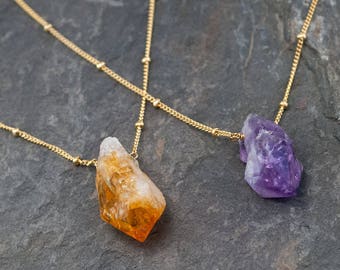 Rough Cut Gemstone Necklace, Raw Crystal Necklace, Amethyst Necklace Gold, Raw Citrine Necklace, Natural Gemstones, Birthstone Gift, NK-ST