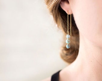 Light Blue Gemstone Earrings, Natural Larimar Threaders, Something Blue Bridal Gift, Simple Dangle Drop Earrings, Dainty Chain, Minimalist