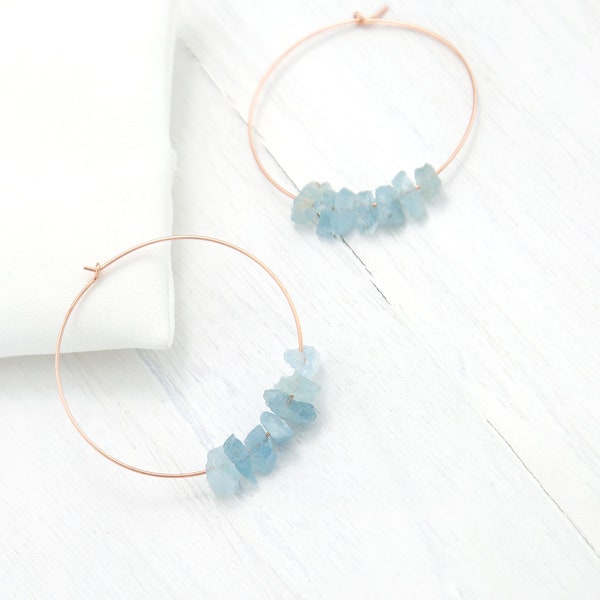 Raw Aquamarine Hoops, Rose Gold Hoop Earrings, March Birthday Gift, Hoop Earrings With Stones, Charm Hoops, Crystal Gold Hoop Earrings