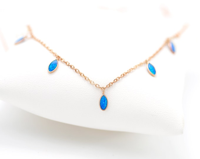 Tiny Blue Opal Necklace, Rose Gold Boho Choker, Delicate Opal Necklace, Festival Jewelry, Layering Dangle Choker, Statement Gift for Her