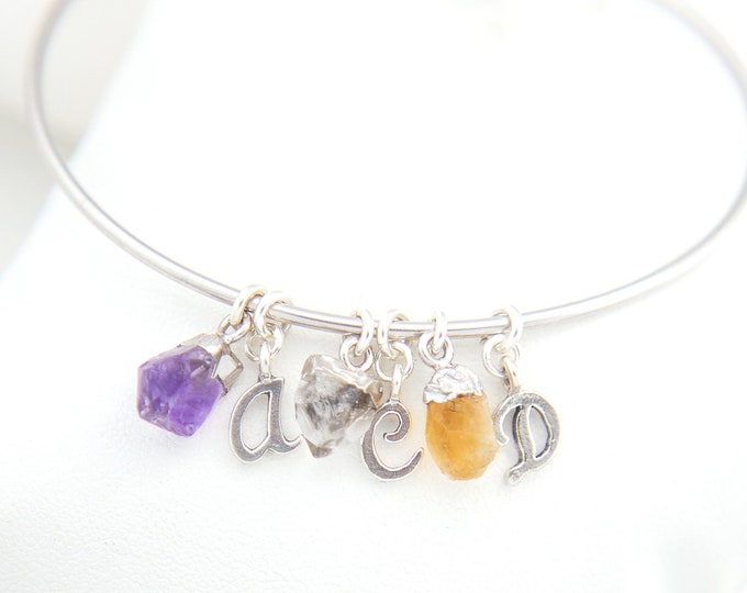 Made for Mom, Expandable Charm Bracelet, Sterling Silver Bangle, Personalized Birthstone and Initials, Birthday Gift, Natural Gemstones