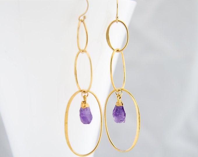 Crystal Drop Earrings, Dangle Hoop Earrings, Statement Earrings Gold, Stone Hoop Dangle, Oval Hoops, Wedding Mom Gift, Amethyst Birthstone