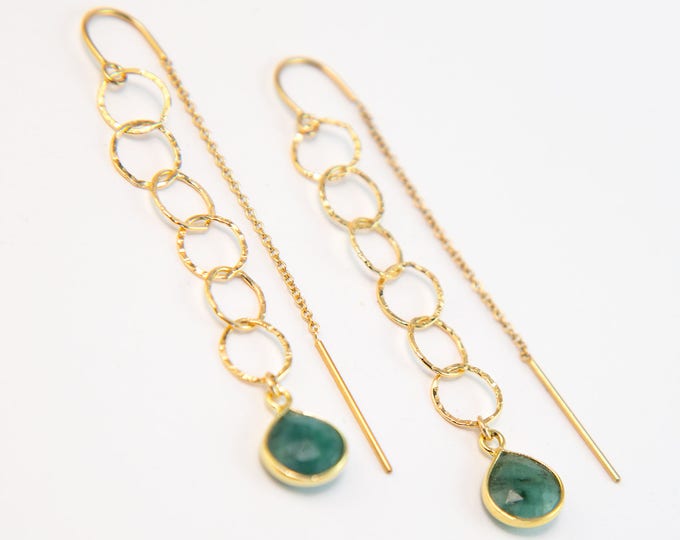 Raw Emerald Circle Threader Earrings, Gold Circle Drop Earrings, Minimalist Earrings, Gemstone Dangle Earrings, Handmade, Gift for Friend