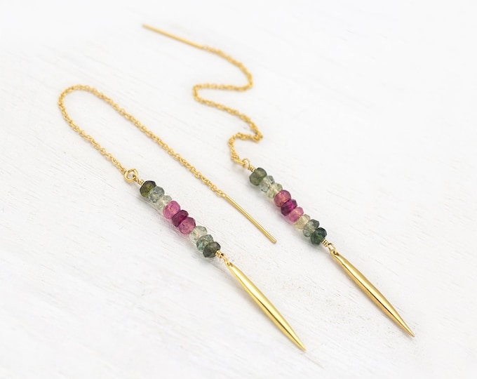 Watermelon Tourmaline Threaders, Ombre Gemstone Earrings, Beaded Spike Earrings, October Birthstone Gift, Birthstone Earrings, Stone Drops