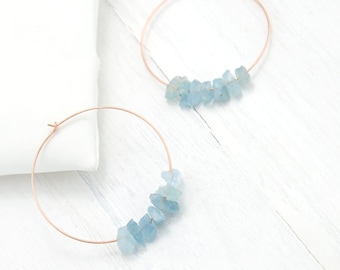 Raw Aquamarine Hoops, Rose Gold Hoop Earrings, March Birthday Gift, Hoop Earrings With Stones, Charm Hoops, Crystal Gold Hoop Earrings