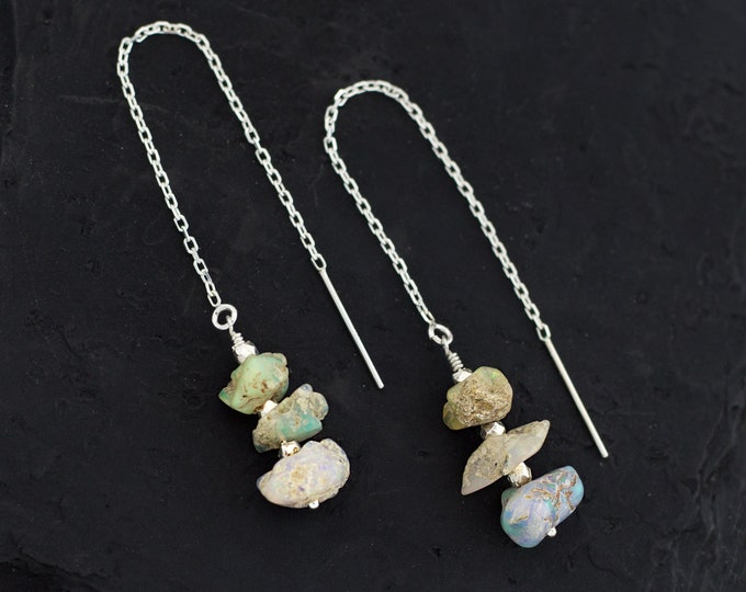 Raw Opal Threader Earrings, Opal Silver Earrings, October Birthstone, Bohemian Jewelry, Rough Cut Gemstone, Thread Through Earrings, TH-RS