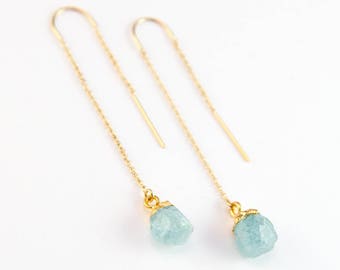 Long Raw Aquamarine Threader Earrings, Aquamarine Earrings Wedding, March Birthstone Earring, Stone Drop, Bridesmaid Gift, Birthday Gift