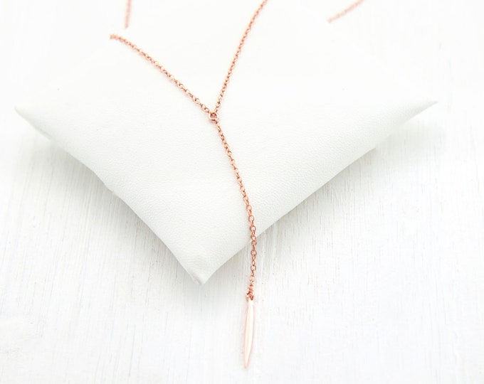 Dainty Rose Gold Lariat, Simple Layering Necklace, Gift for Her, Spike Necklace, Delicate Y Necklace, Bar Drop Necklace, Minimalist Jewelry