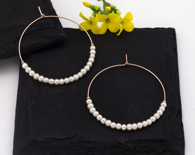 Modern Pearl Hoops, Beaded Pearl Earrings, Delicate Freshwater Pearl Hoops, Romantic Bridal Jewelry, Bridesmaid Gifts, Everyday Earrings