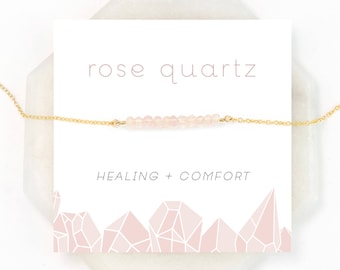 Dainty Rose Quartz Bar Necklace, Pink Crystal Beaded Necklace, Gemstone Choker Gold Filled Sterling Silver Layering Chain, Gift for Daughter