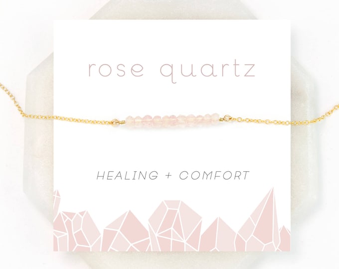Dainty Rose Quartz Bar Necklace, Pink Crystal Beaded Necklace, Gemstone Choker Gold Filled Sterling Silver Layering Chain, Gift for Daughter