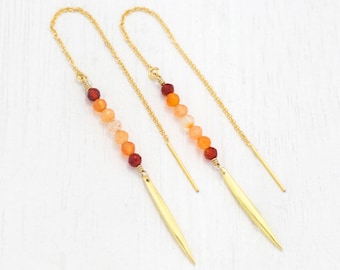 Ombre Carnelian Bar Drop Earrings, Dainty Gold Threaders, Orange Statement Earrings,  Gemstone Gift, Thread Through Chain, Handmade