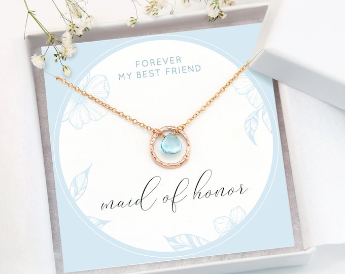 Maid of Honor Proposal Necklace Card, Dainty Rose Gold Chain, Crystal Birthstone Drop, Something Blue Bridal Jewelry, Bridesmaid Thank You