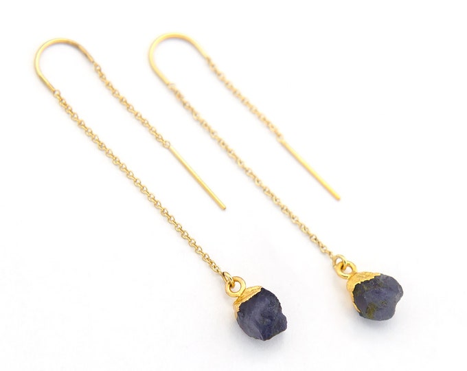 Raw Iolite Earrings, Water Sapphire Threaders, Stone Thread Through Earrings, Raw Crystal Threaders, Natural Gemstone Earrings, TH-N