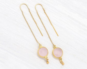 Blush Pink Earrings, Bridesmaid Threaders, Rose Quartz, Dainty Dangle and Drop, Gold Filled Long Chain Earrings, Faceted Gemstone Bezeled